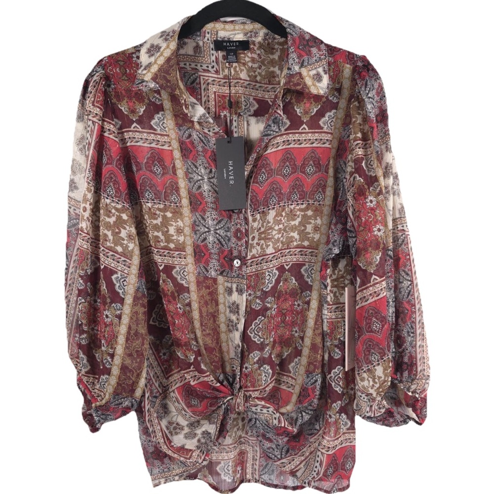 NWT HAVER LONDON Chiffon‎ Floral Button Down Shirt 2 Ways Untied Tied Size S/P